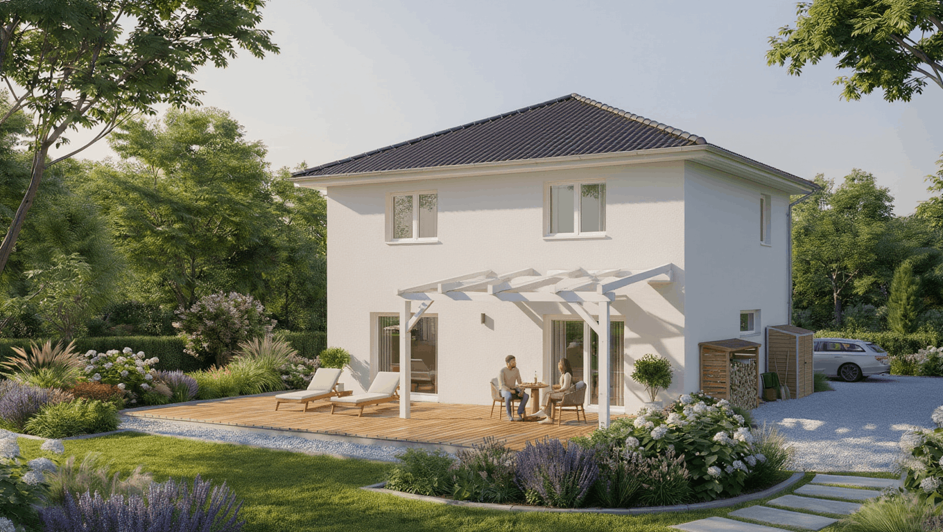 Architekturvisualisierung einer Villa mit Gartenansicht